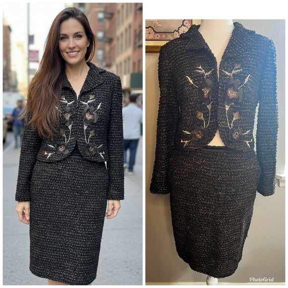 St. John Jackets & Blazers - St. John vintage cropped brown floral blazer matching pencil skirt 2 6 tweed